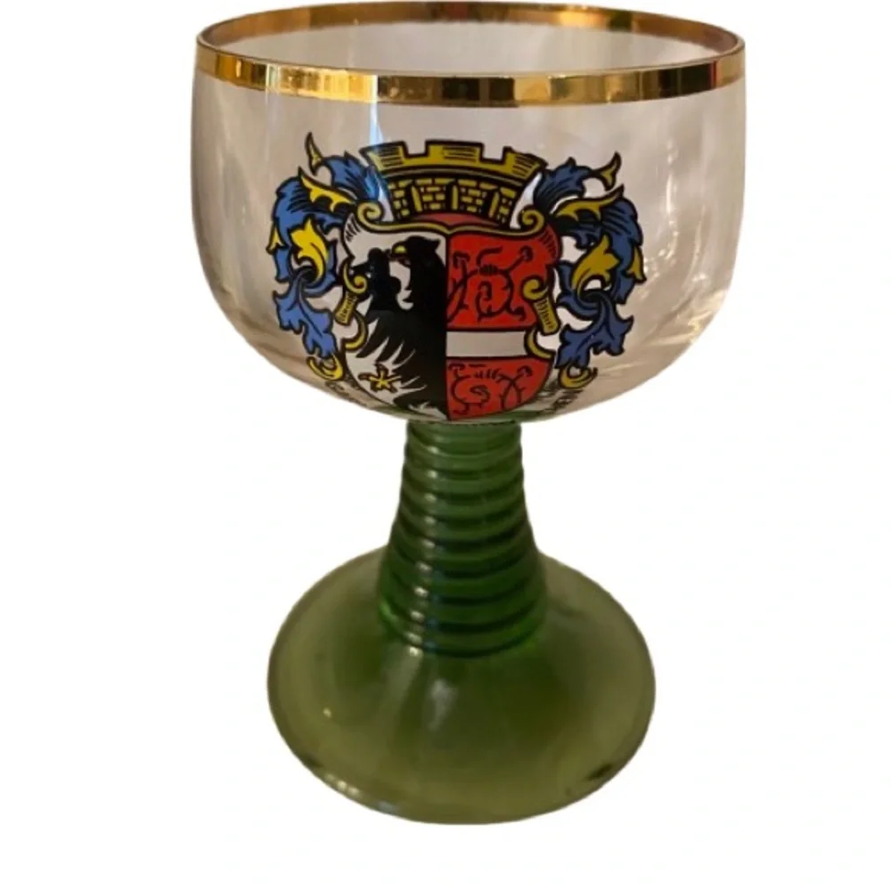 Vintage German Glass Goblets w/ Coat of Arms 2 Pc 5 1/4 and 4 1/4 MCM Barware